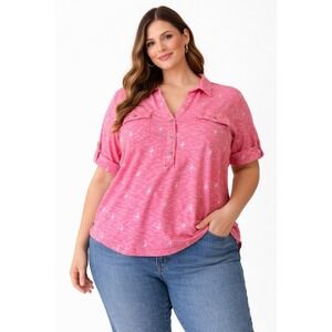 Emily Daniels Flamingo Top Women 1X Pink Button Front Roll Tab Sleeve Casual